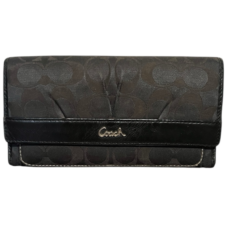 Coach Vintage Ashley Trifold Wallet Black Signature Logo Canvas Leather